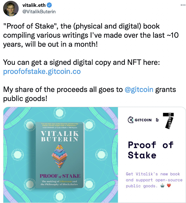 V神：新书《Proof&nbsp;of&nbsp;Stake》即将出版，读者可在Gitcoin上捐赠并获取纪念NFT