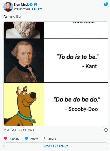 埃隆·马斯克发推喊话狗狗币，狗狗币 (DOGE) 飙升 4%